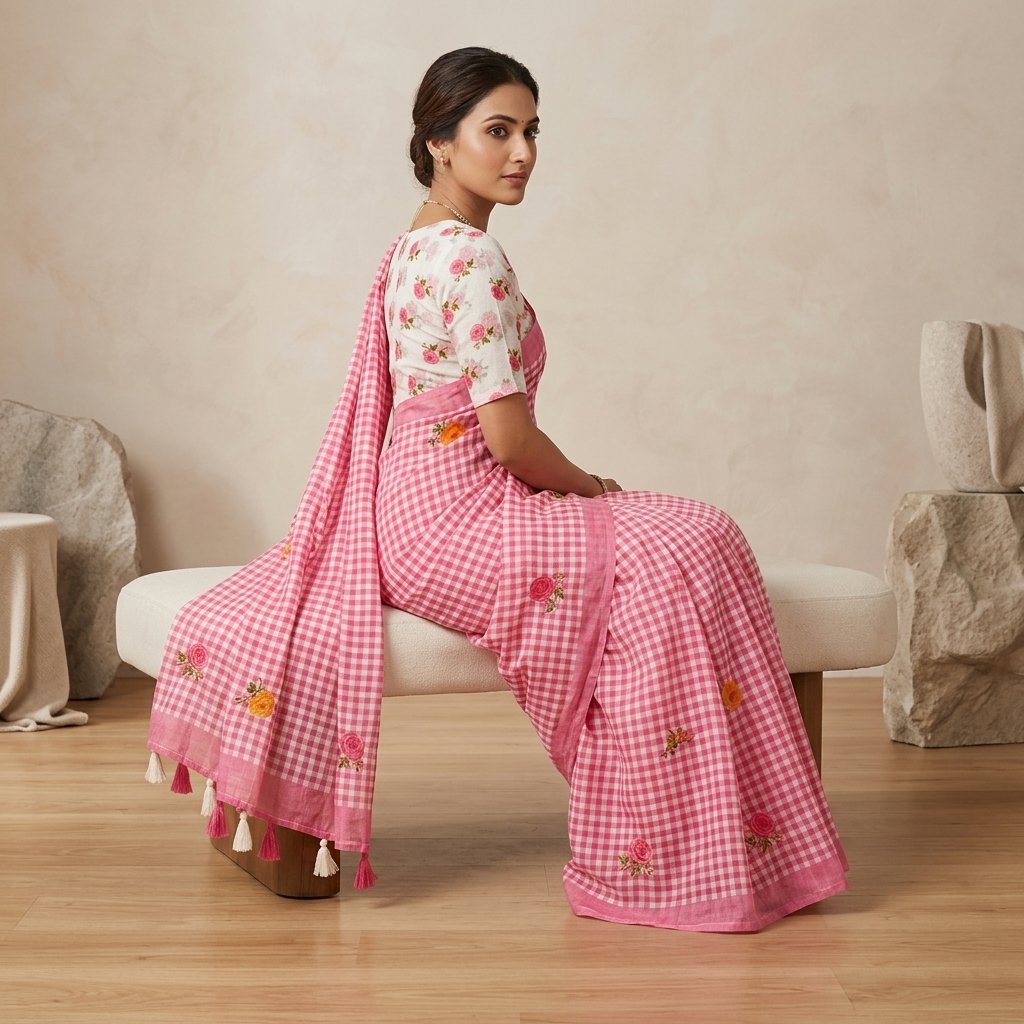 Pink Checkered Embroidered Cotton Saree with Blouse - Image 2