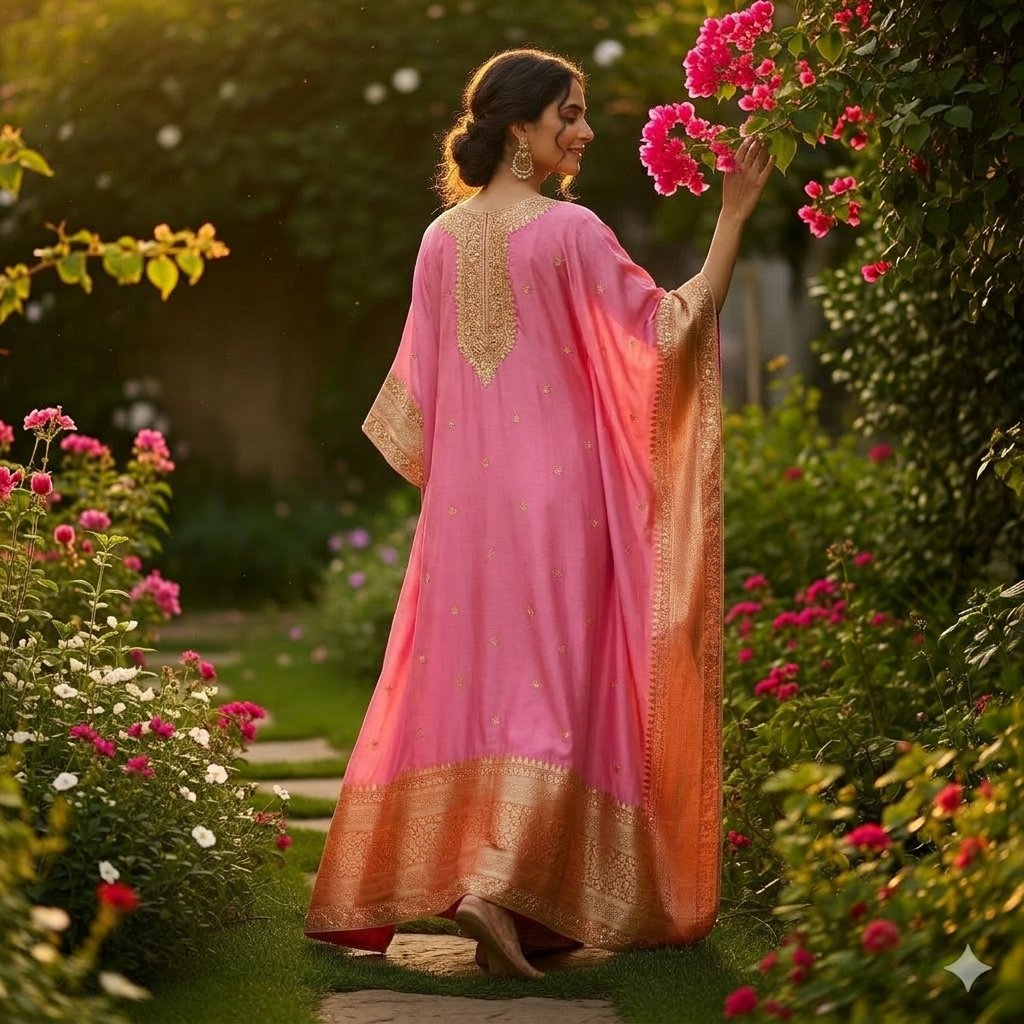 Pink Silk Embroidered zari Kaftan Dress for Women - Image 2