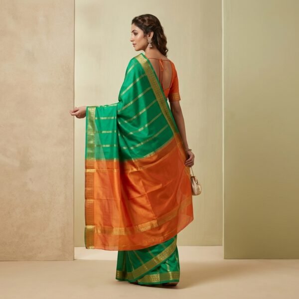 Mustard Yellow with Green Mysore crape Silk Saree with Golden Border