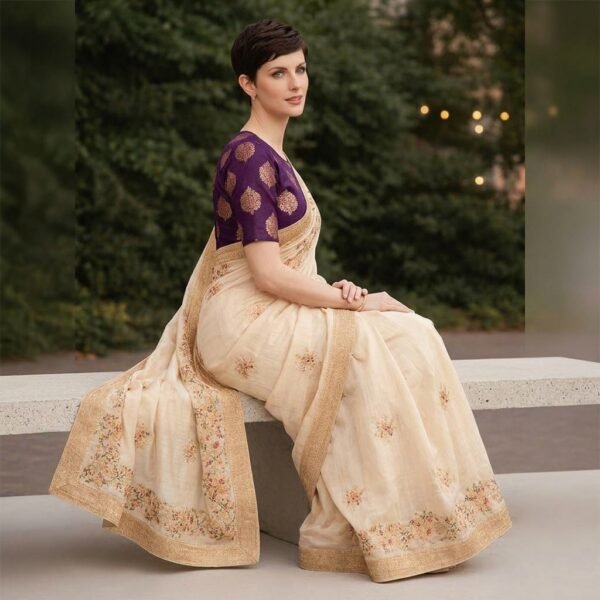 Cream Embroidered Saree with Purple Blouse