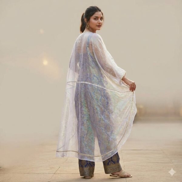 Blue Brocade Jumpsuit With White Sheer Cape for Women