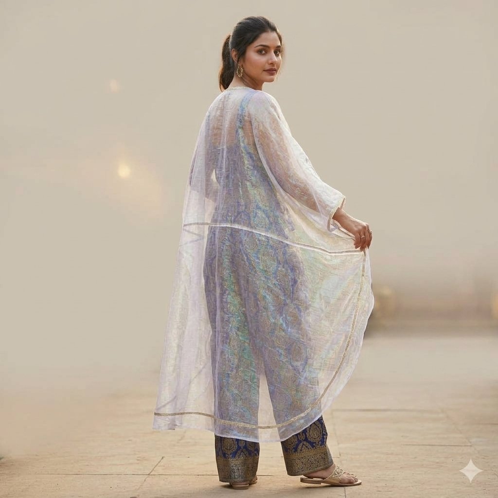 Blue Brocade Jumpsuit With White Sheer Cape for Women - Image 2