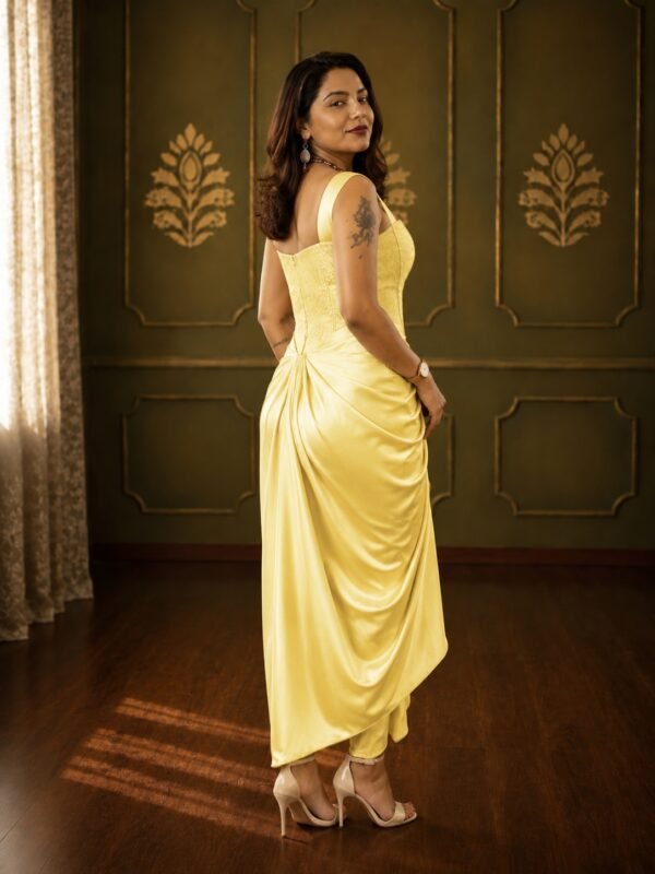 Butter Yellow Satin Draped Skirt with Yellow Brocade Corset Crop Top Set