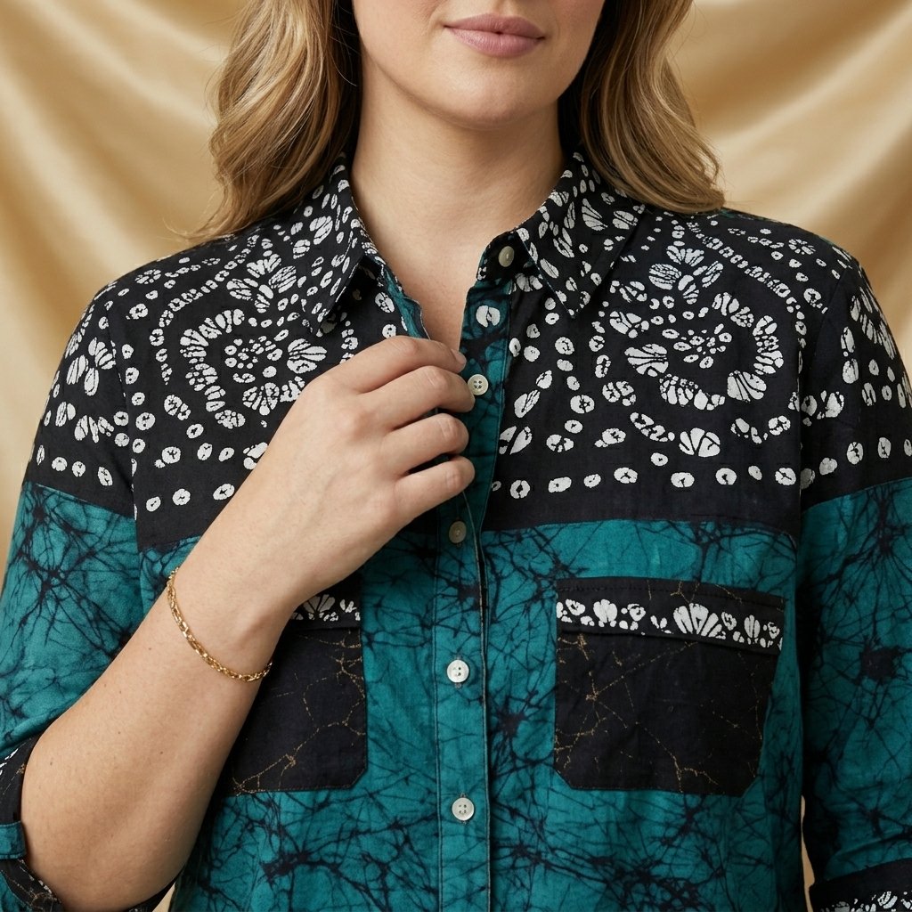 Teal Printed Button-Down Tunic Top for Women - Image 2