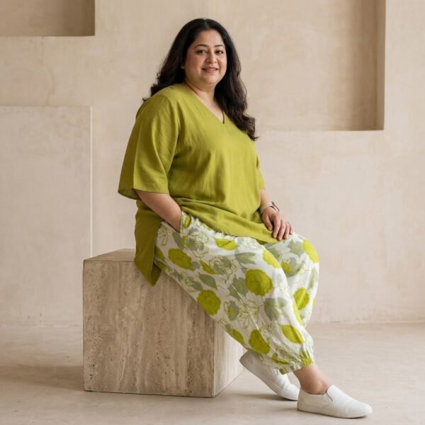 Olive Green Rayon Printed Tunic And Palazzo Set For Women
