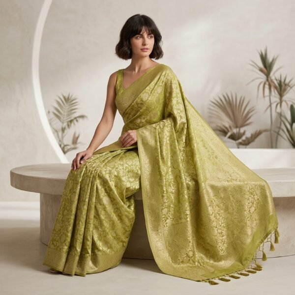 Lime Green Brocade Saree for Women