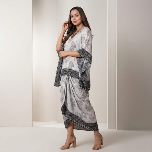 White Butterfly Print Kaftan Dress for Women