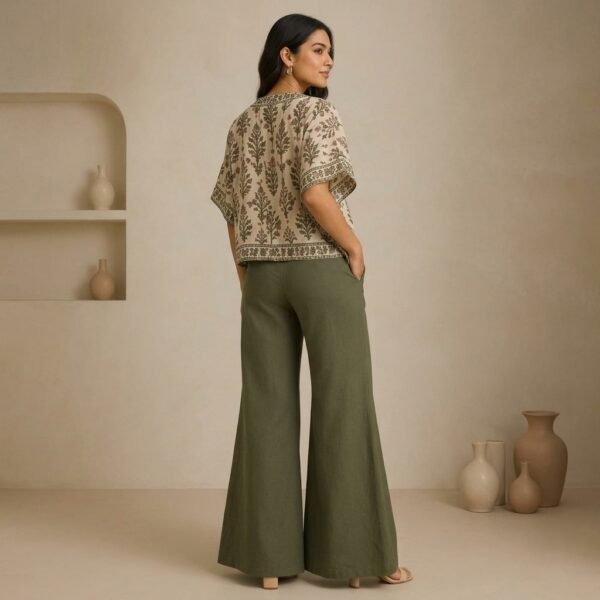Beige Printed Cotton Kaftan Top With Olive Green Wide Leg Pants