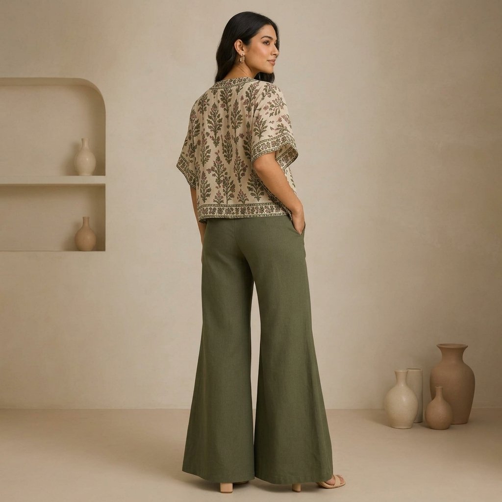 Beige Printed Cotton Kaftan Top With Olive Green Wide Leg Pants - Image 2