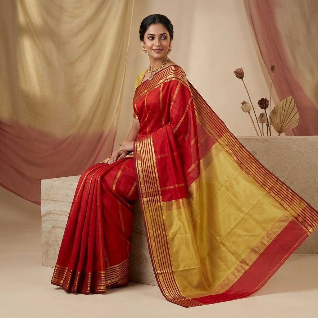 Olive green &Maroon And Gold Mysore crape Silk Traditional Saree With Zari Border - Image 2