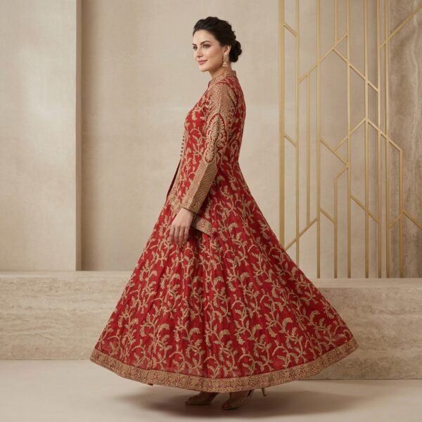 Red Embroidered Silk Blend Anarkali Dress for Women