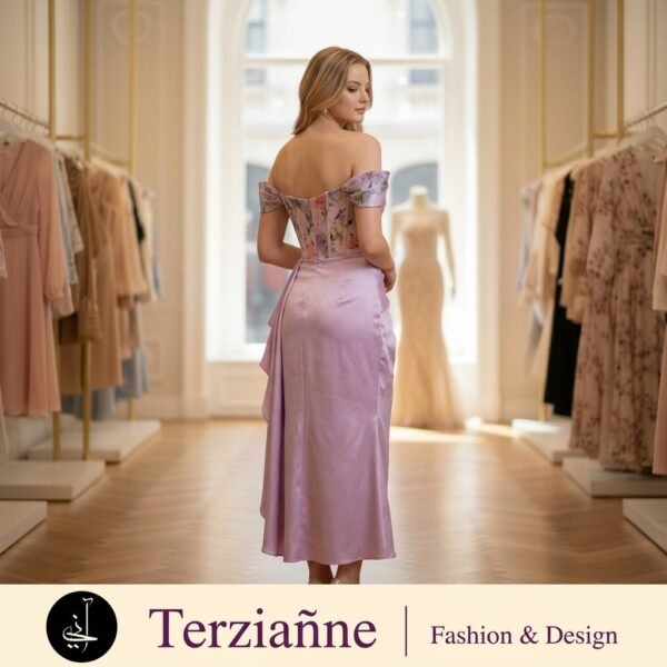 Lilac Satin Off-Shoulder Draped Midi Dress for Women