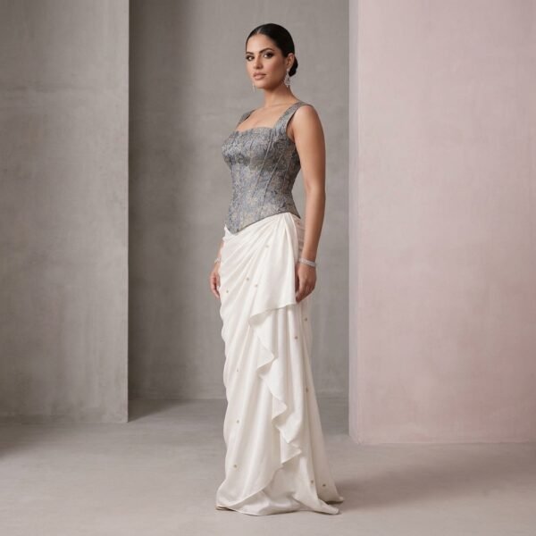 Silver Embellished Corset Top with White Draped Skirt for Women