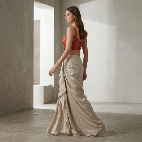 Beige Silk Dhoti Skirt With Ruffled Drape For Women