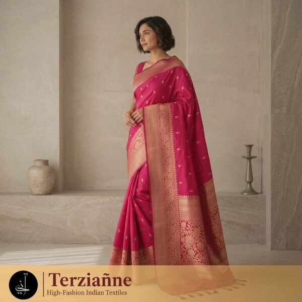 Pink Silk Banarasi Saree with Golden Zari Border for Women