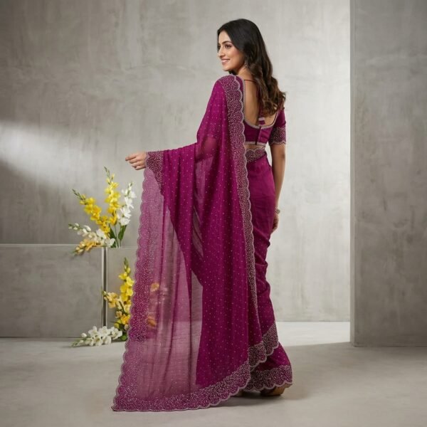 Megenta Tissue crape Embellished Scalloped Saree With unstiched Blouse