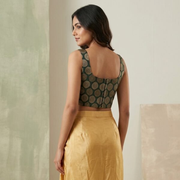 Dark Green Brocade Square Neck Sleeveless corset stiff Blouse for Women