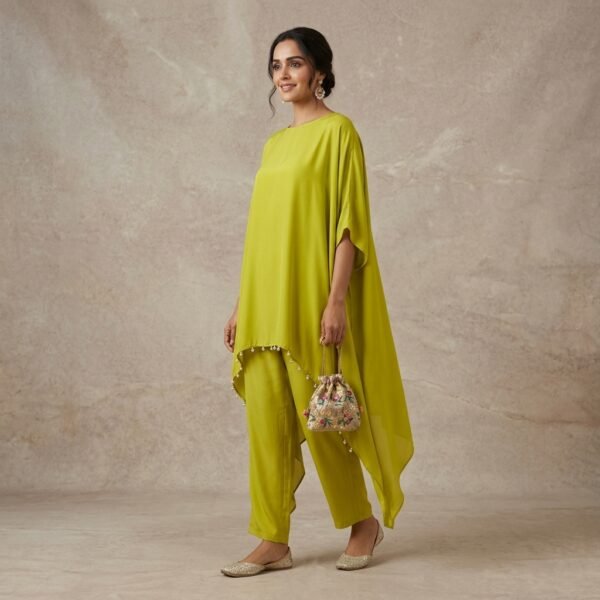 Lime Green Kaftan Kurta Set With Embellished Hem For Women