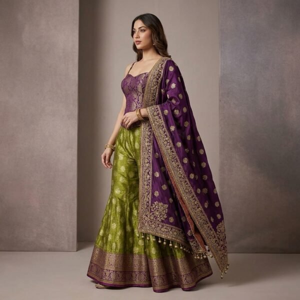 Purple And Green Banarasi Silk Embroidered sharara Lehenga Choli Set