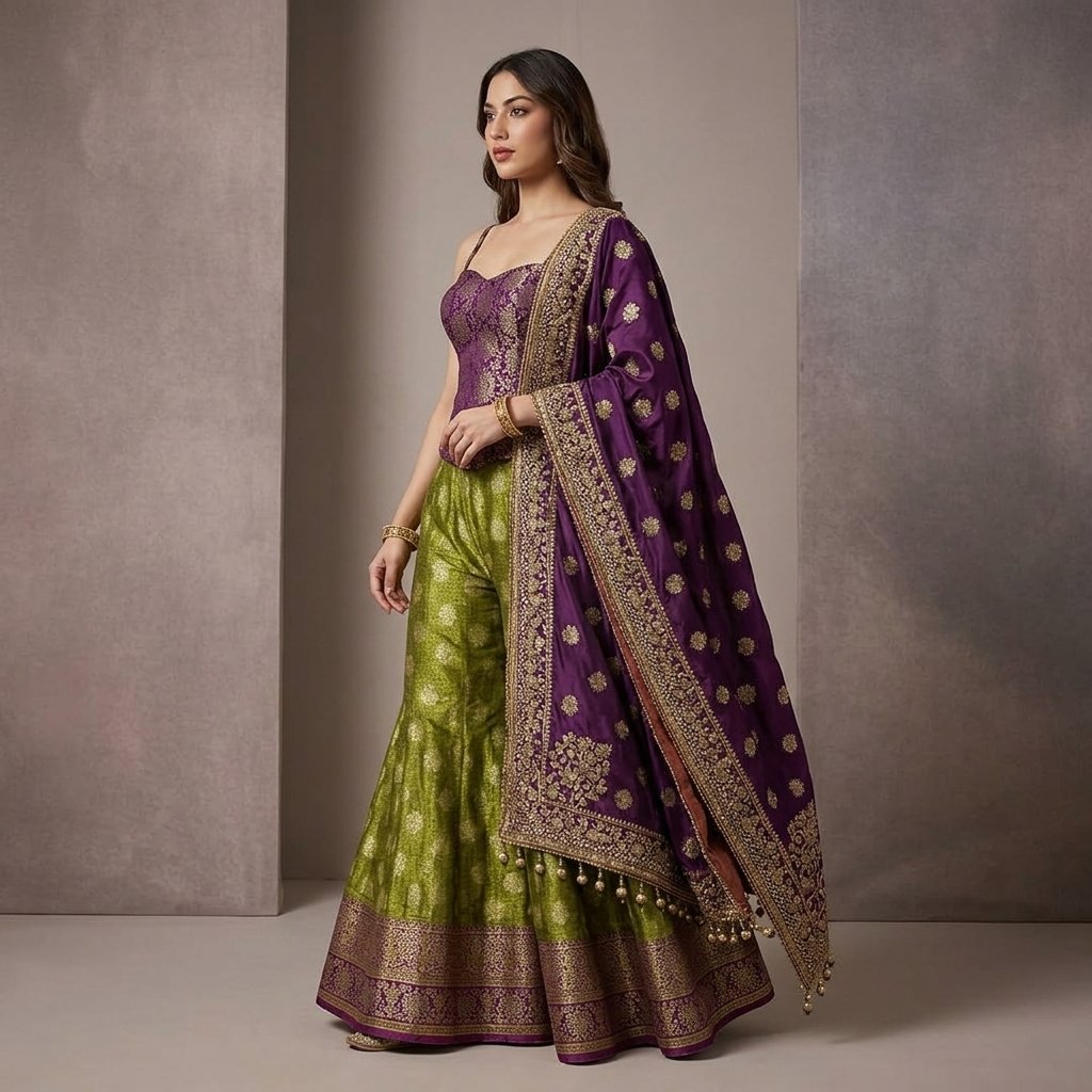 Purple And Green Banarasi Silk Embroidered sharara Lehenga Choli Set - Image 2