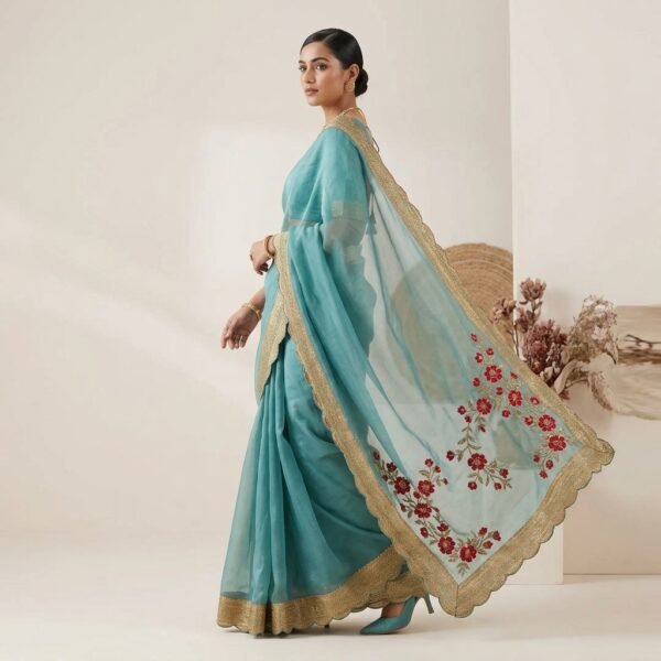 Turquoise Organza Zari Border Saree scallop border
