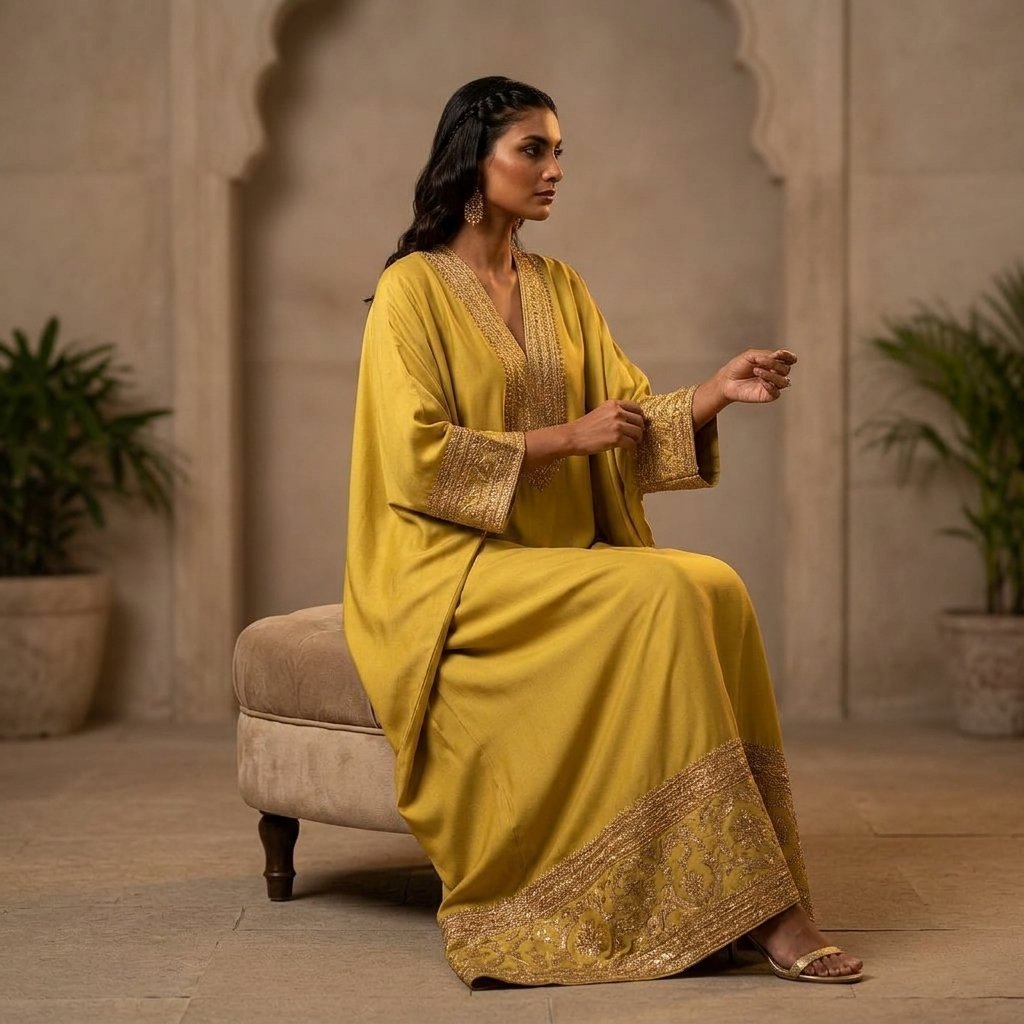 Yellow Silk Embroidered Kaftan for Women - Image 2