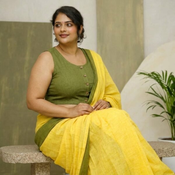 Olive Green Cotton Sleeveless Blouse with Button Detail for Women