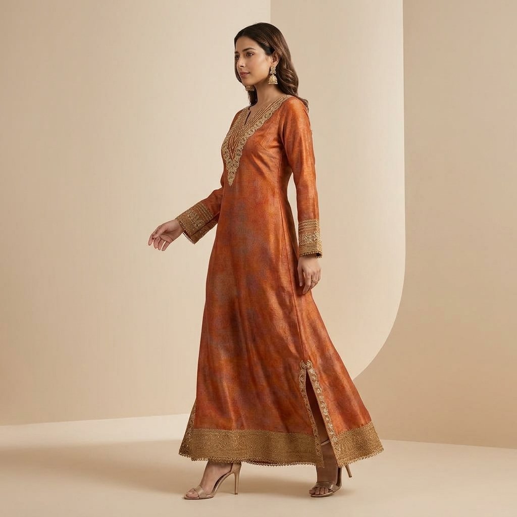 Orange Silk Embroidered V-Neck Aline long Kaftan Dress for Women - Image 2