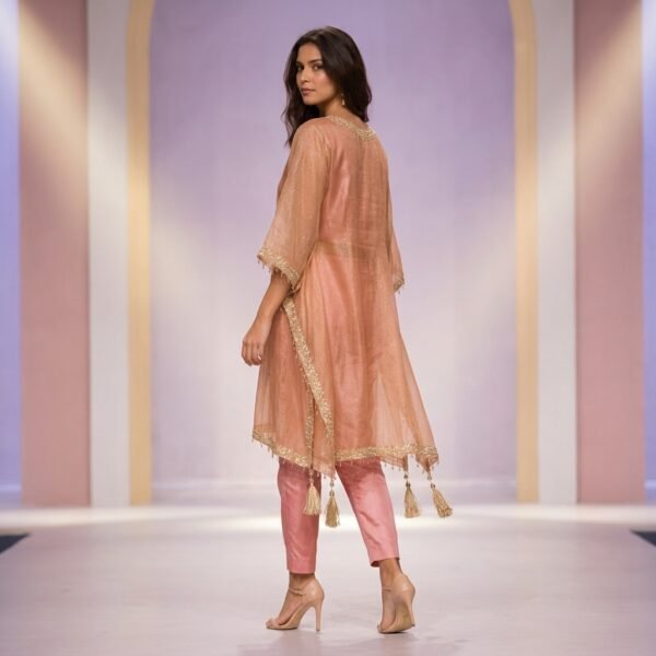 Peach glass tissue Silk Embellished 3 pc kaftan with Pink art silk Pants for Women