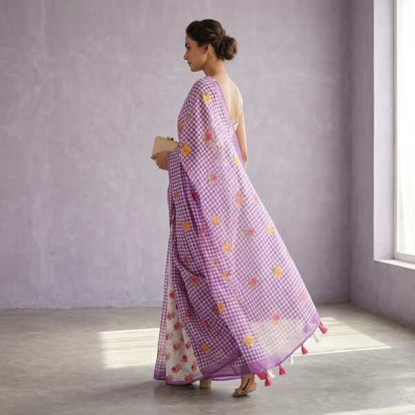 Purple Gingham Check printedCotton Saree with Floral Motif print