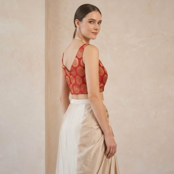 Red Embellished Corset Top With Beige Draped Skirt Set