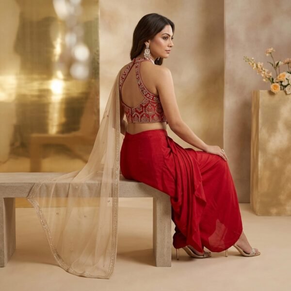 Red Embellished Halter Neck Dhoti Set for Women