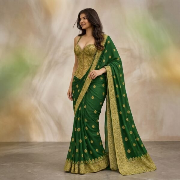 Green Silk Embroidered Saree with Gold Corset Blouse for Women