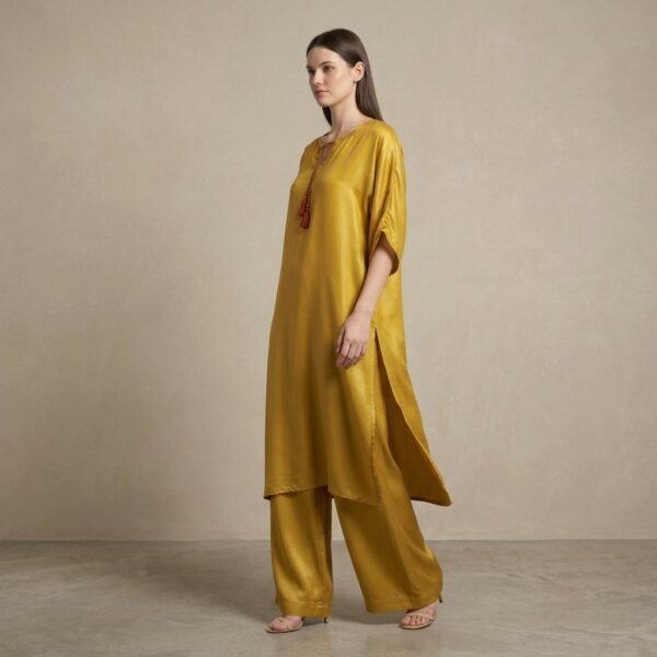 Mustard Yellow Satin Kurta Palazzo Set for Women