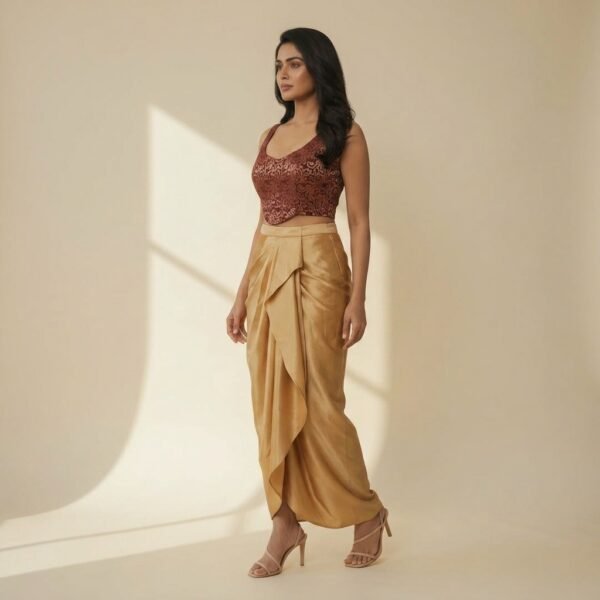 Rust Embroidered Crop Top with Gold Draped Skirt Set for Women