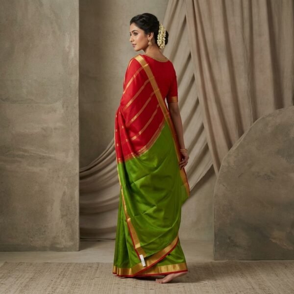 Green And Red Pure mysore crape Saree With Golden Zari Border