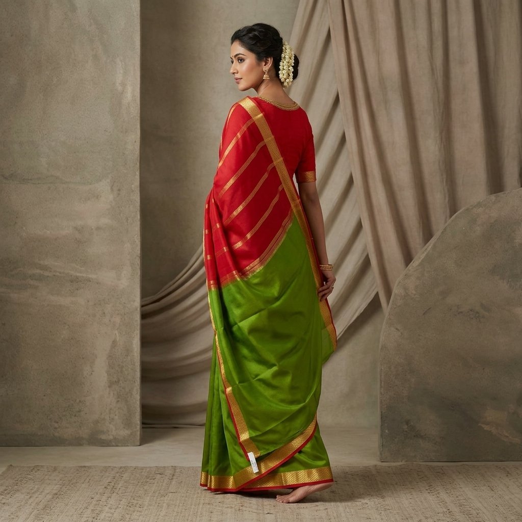 Green And Red Pure mysore crape Saree With Golden Zari Border - Image 2
