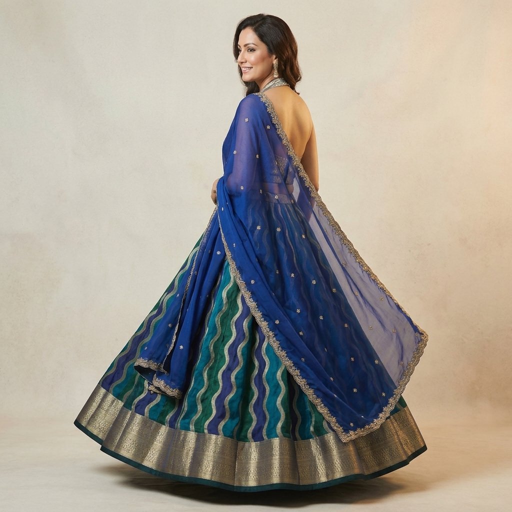 Blue Green Leheriya Silk Lehenga Choli Set for Women - Image 2