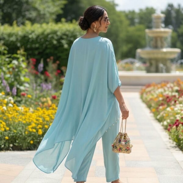 Blue Chiffon Kaftan Style Suit Set for Women