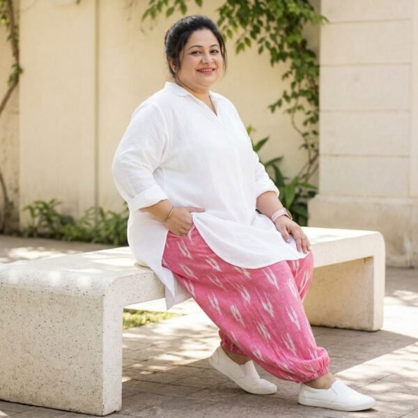 White Cotton Kurta With Pink Ikat Patiala Set For Women