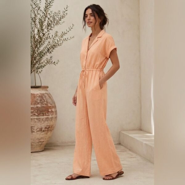Peach Linen Collared Jumpsuit for Women