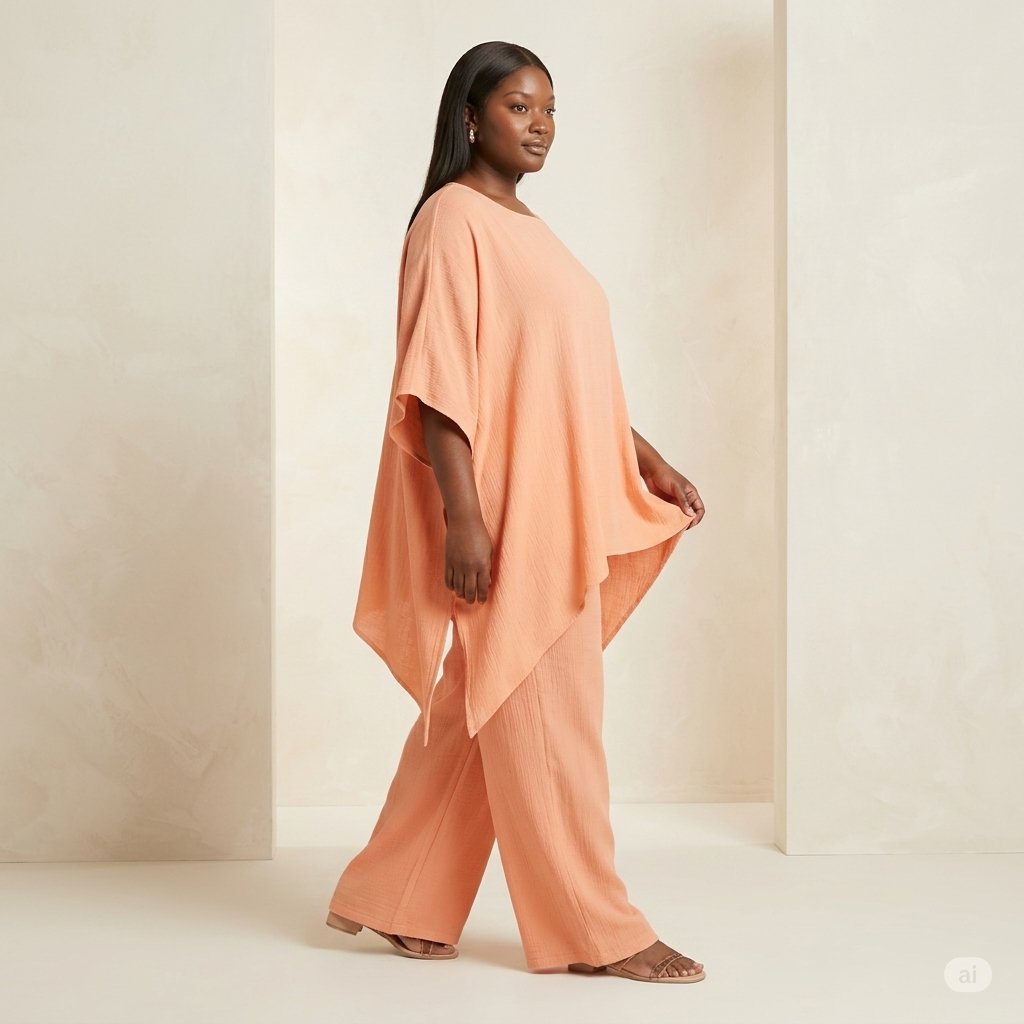 Peach Lightweight Poncho Top And Palazzo Set For Women - Image 2