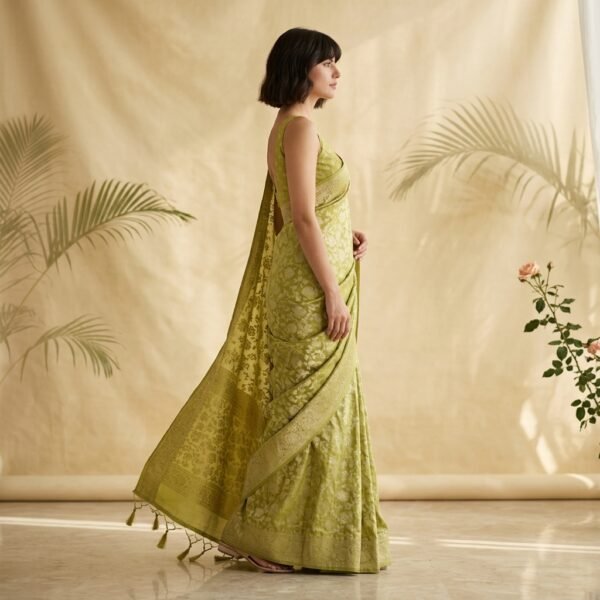 Lime Green Silk Embroidered Saree for Women