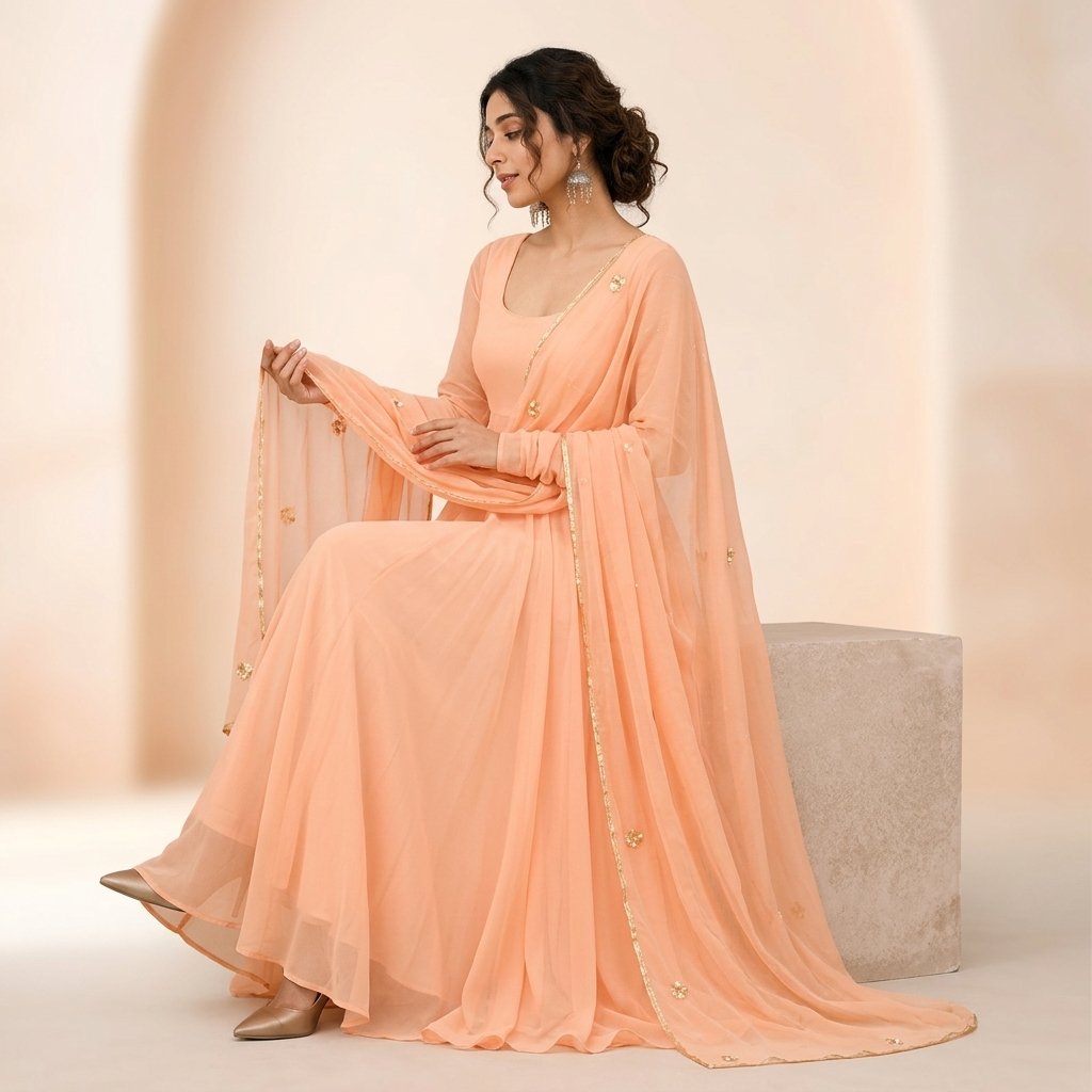 Peach Georgette Flared Anarkali long Kurta for Women - Image 2
