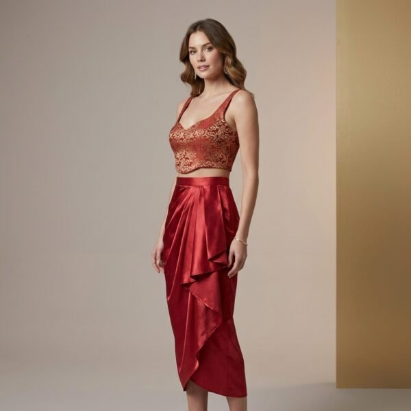 Red Embroidered Satin Crop Top and Draped Skirt Set for Women