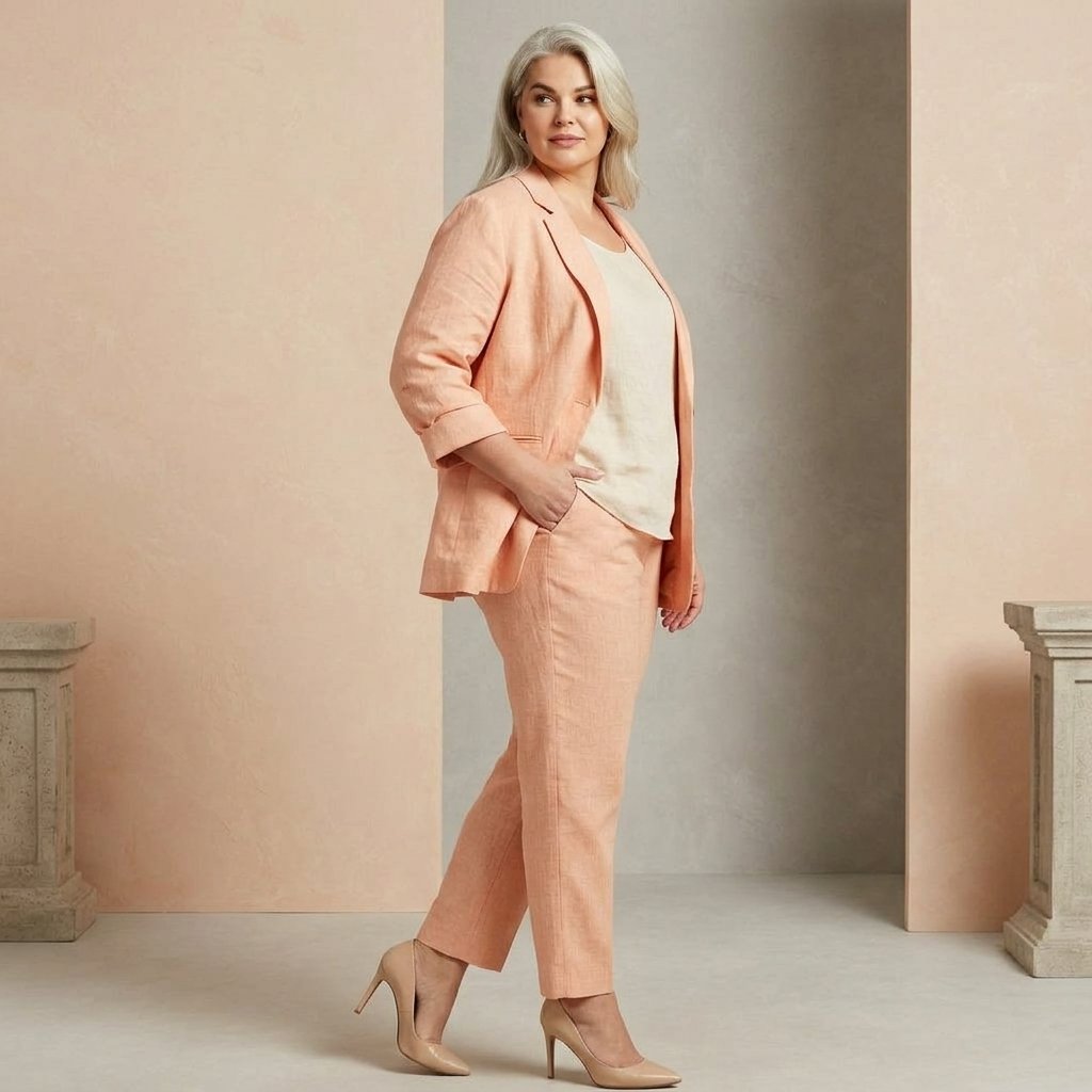 Peach Linen cotton Formal Blazer And Trouser Suit Set For Women - Image 2