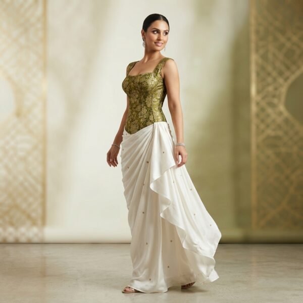 Olive Green Brocade Corset Top With White Draped Skirt