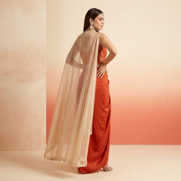Rust orange brocade corset Set with Drape skirt and tissue cape for Women